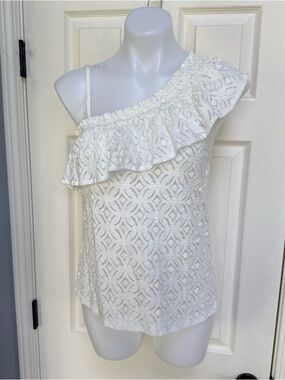 H&M Womens Ivory Tank Top geometric ruffle one-shoulder dressy boho sz S